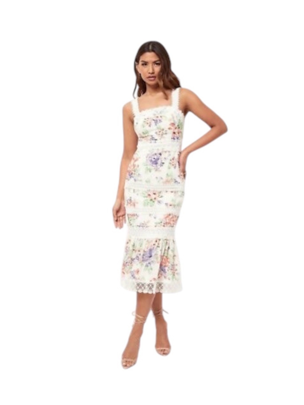 Lipsy White Floral Lace-Trim Sundress with Pink Roses